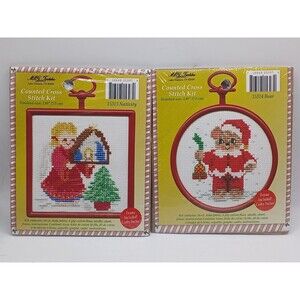 Lot Of 2 - MCG Stitchery Cross Stitch Kit BEAR (15314) & NATIVITY (15313) Frames